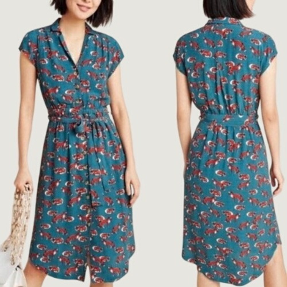 NWT Maeve Anthropologie Catherine Midi Shirtdress 8 Fox Novelty Print Teal Blue